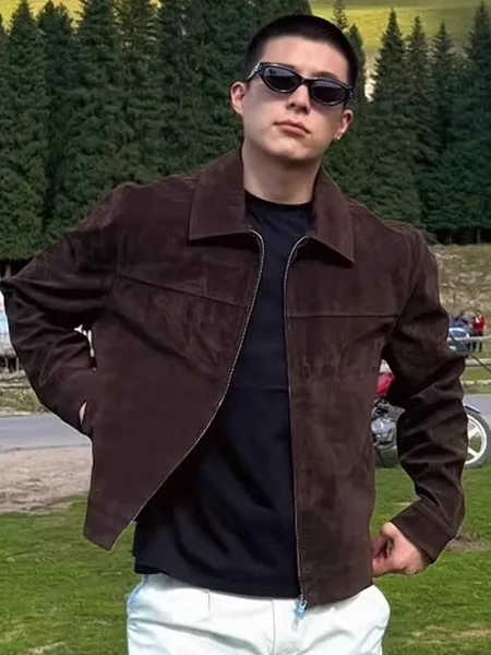 

Men's Suede Hunting Jaet ort Ball Sle Workwear Coat Coffee Color Stand Fit Polyester Fiber Long Sve Zipper Closure