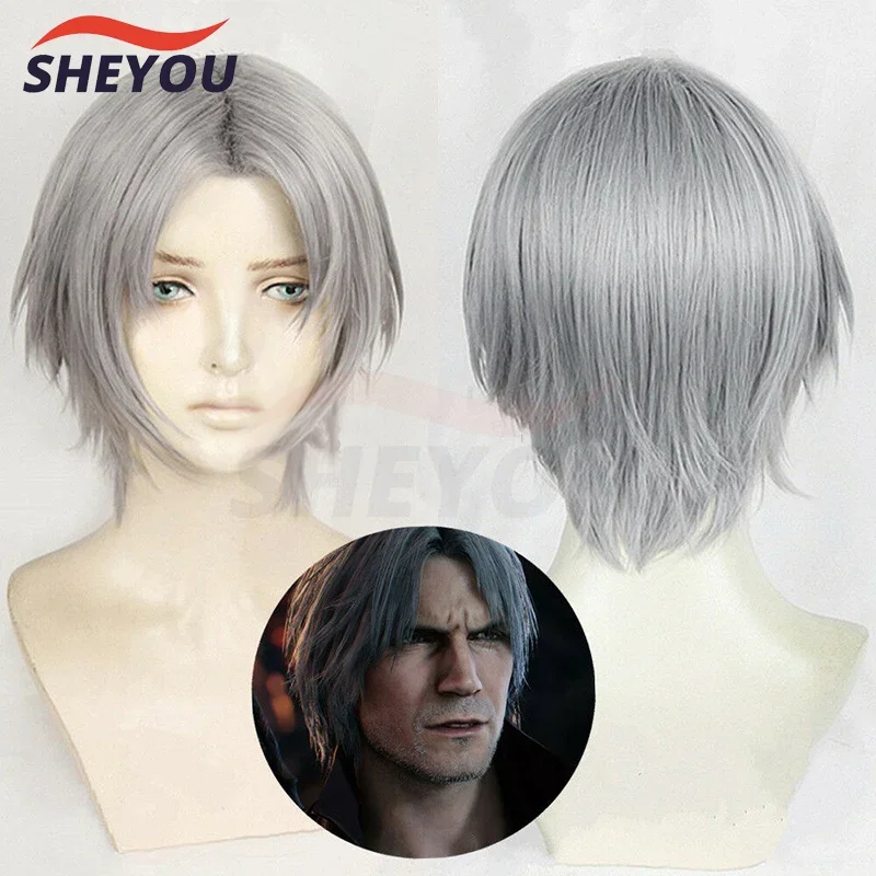 Nouveau jeu Dante Cosplay perruque cheveux courts argentés résistant à la chaleur Cosplay Costumes Halloween Cos cheveux perruques + bonnet de perruque