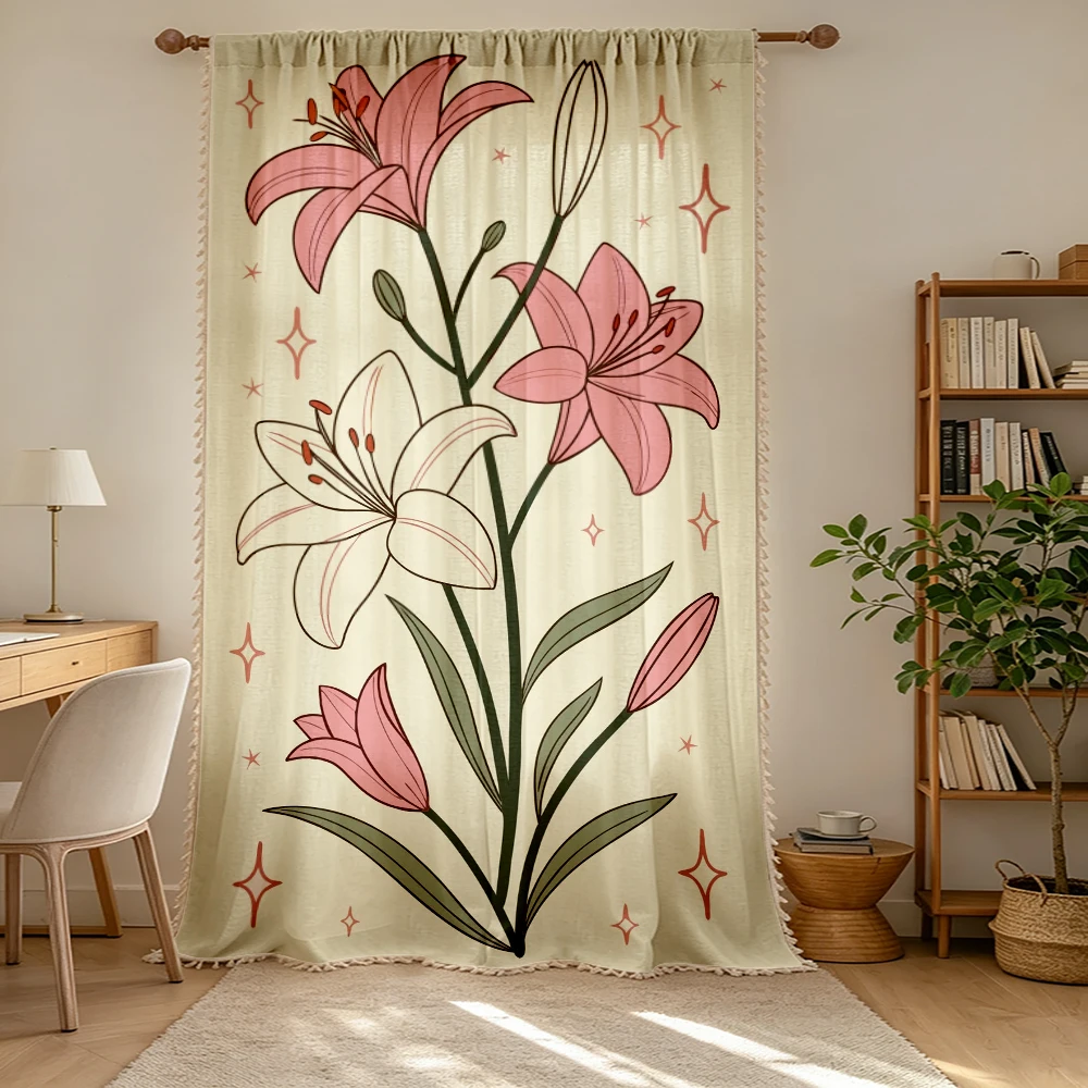 1PC Floral Tassel Sheer Curtain, Pink White Lily Red Star, Digital Print, Linen Polyester, Bedroom Living Room, Home Decor