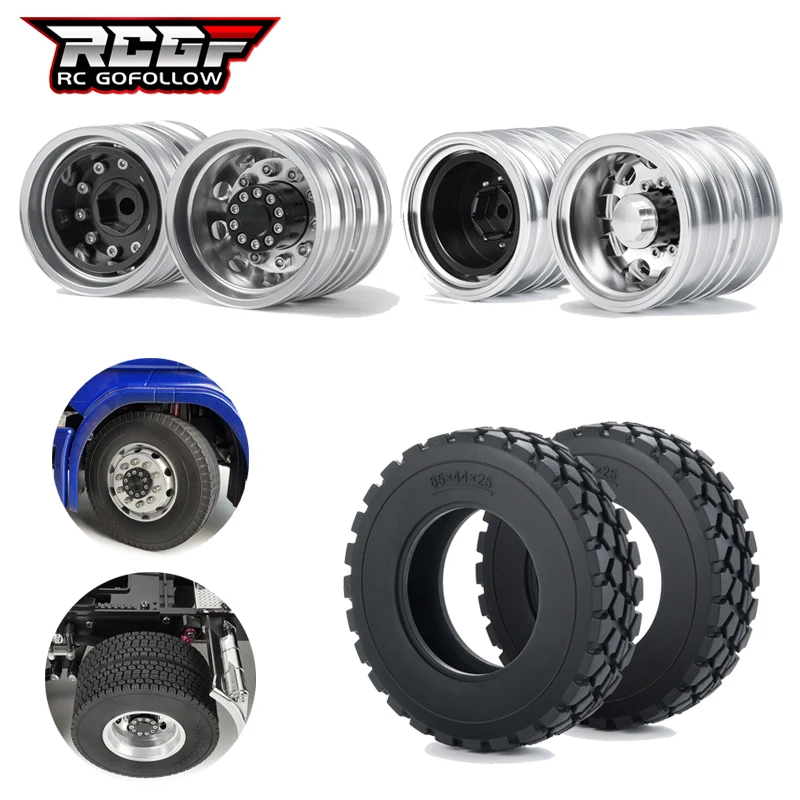 

RCGOFOLLOW Front Rear Beadlock Wheel Rims with 1/4Pcs Rubber Tires For Tamiya 1/14 RC Trailer Tractor Truck Car Upgrade Parts