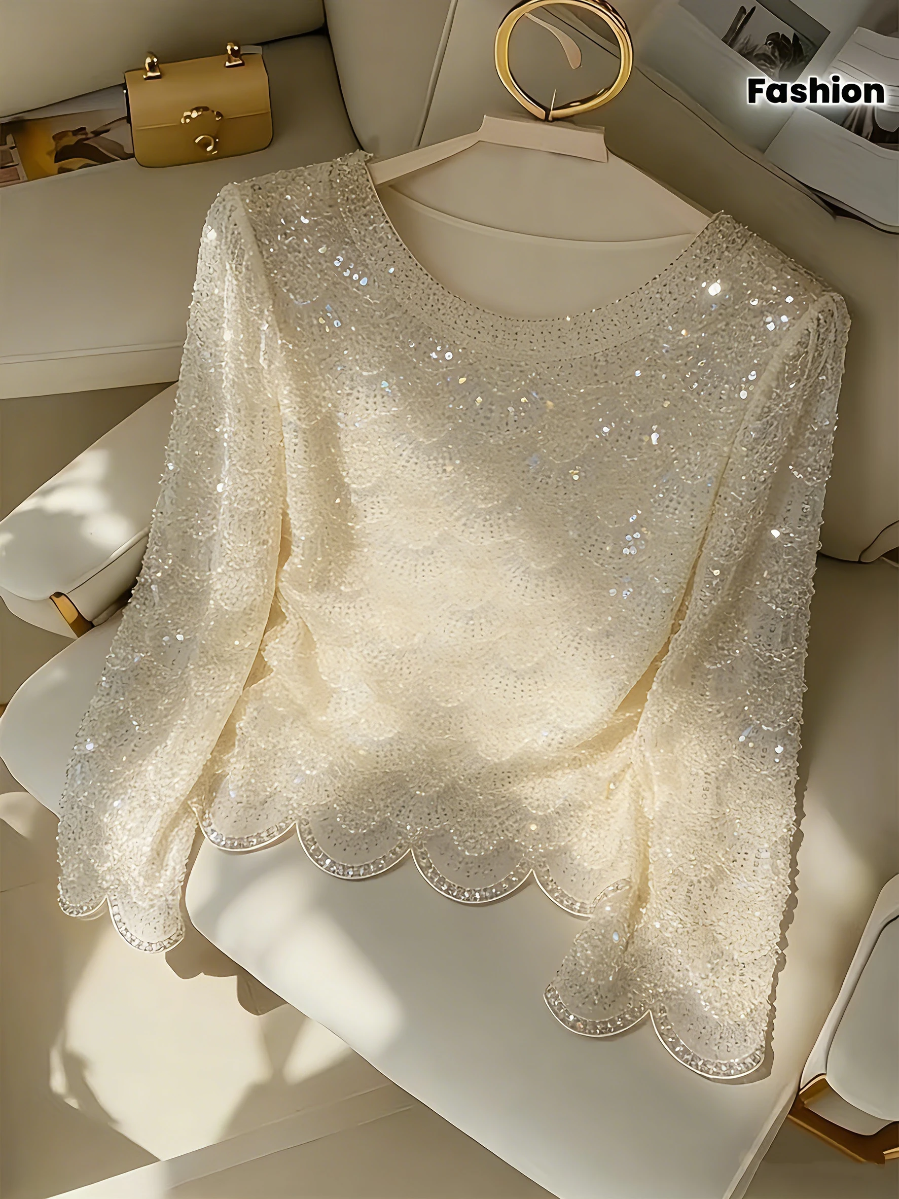Ladies' Elegant Handmade Pearl Fringed Semi-Transparent Apricot Top - A Sparkling Casual Fashion Long-Sleeved Shirt