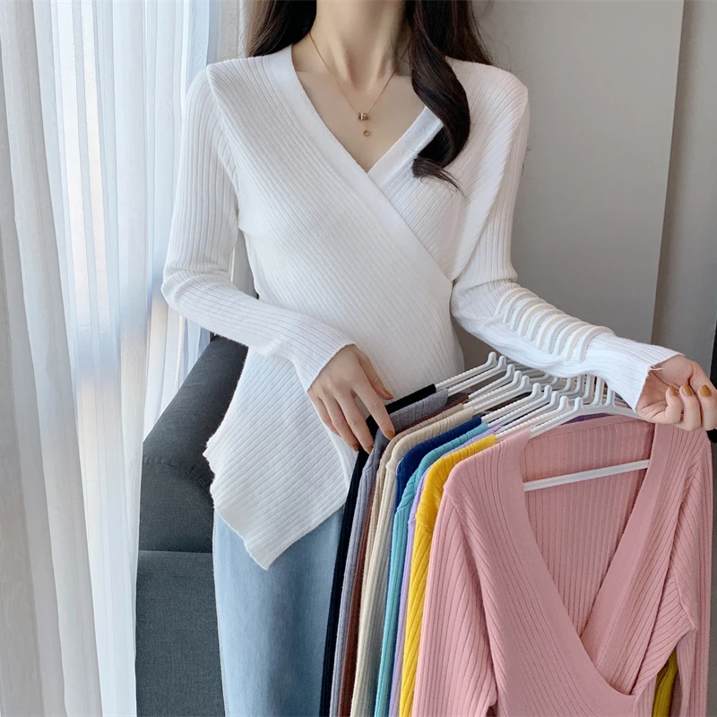 Spring Autumn Korean Sweater for Women Fashion V-Neck Design Sense Slim Fit Knitted Pullovers Temperament Basics Women's Tops