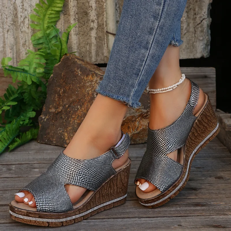 

New Women's Casual Wedge Sandals Comfy Open Toe Glitter Color Silvery Women's Summer High-heeled Sandals Sandalias De Mujer