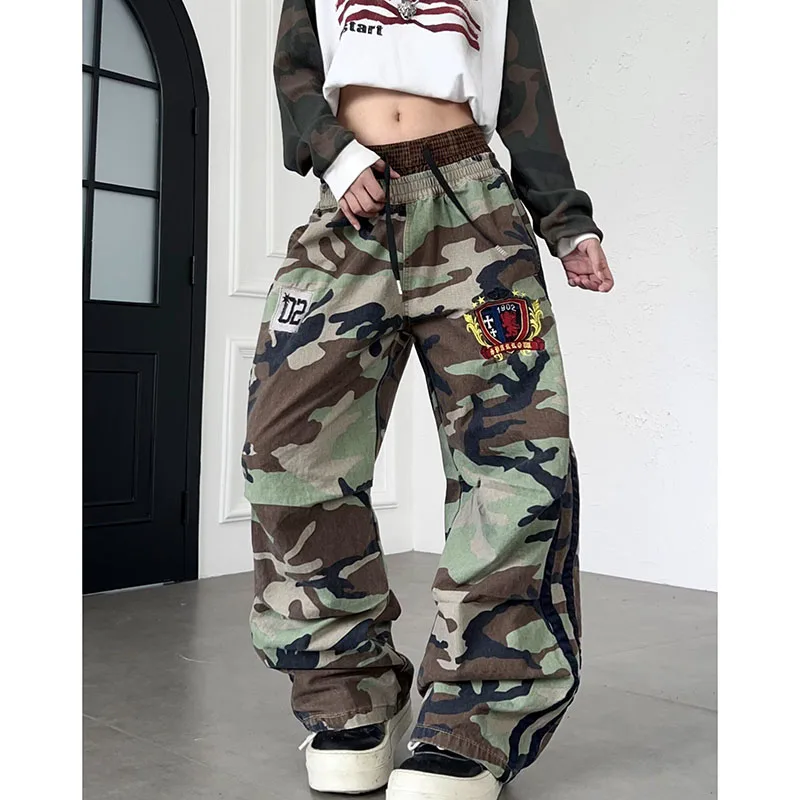 Women American Double Waistband Trendy Long Pants Lady Autumn Loose Camo Hip‑Hop Style Fashion Unique Casual Trousers