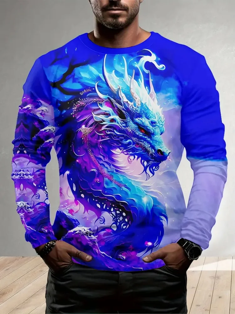 Street Trend Men's Casual Pullover Top Wolf King 3D Printed Men's Loose Long Sleeve T-shirt Simple Casual Men's Long Sleeve