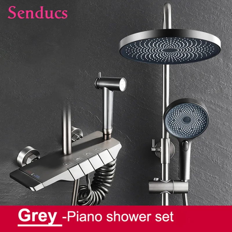 

Grey Bathroom Faucet Solid Brass Piano Bathroom Shower Sets with Round Rainfall Shower Head Thermostatic Bathroom Shower Sets