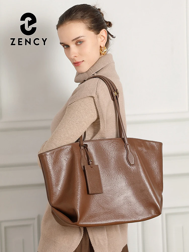 Zency Retro Women Handbag 100% Genuine Leather Ladies Shoulder Ladies Tote Bag Large Capacity