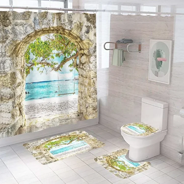 Bathroom Curtains Shower Set Waterproof Stainless Steel Hooks 3D Bath Shower Curtain
