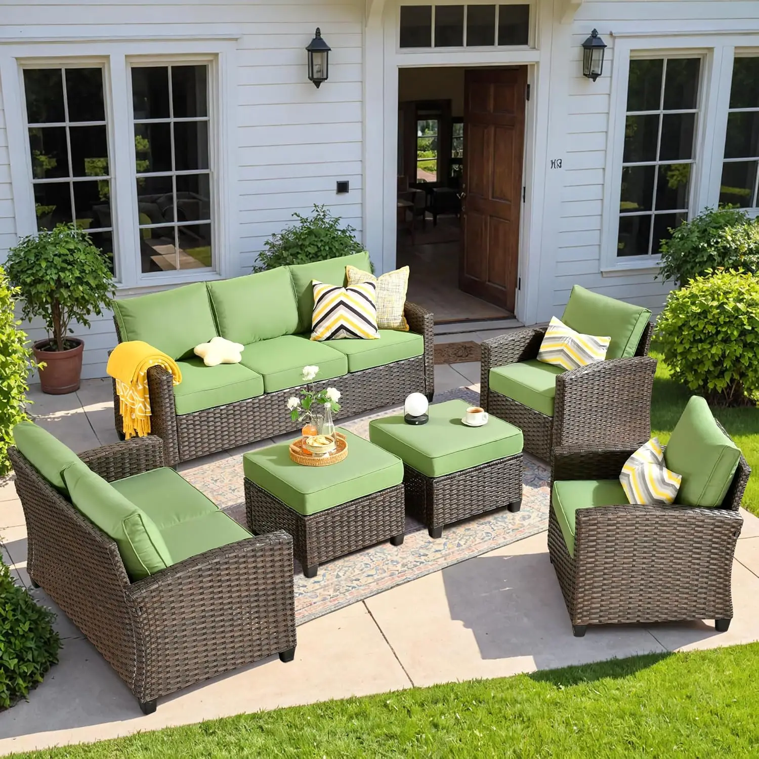 

6 Pieces Outdoor Wicker Rattan Sofa Couch with Loveseat, Ottomans and Comfy Cushions, All Weather High Back Conversation Set Gar