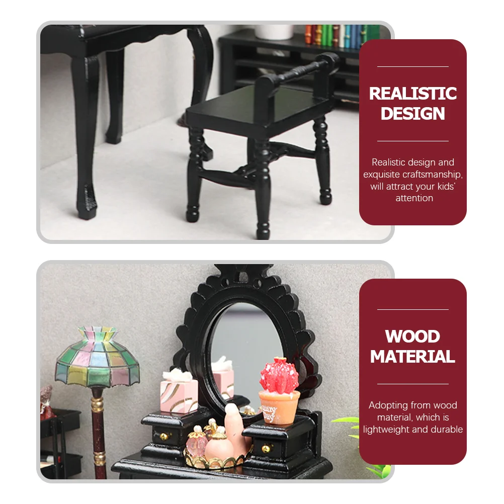 2-delige houten stoel vintage dressoir kruk kind speelgoed retro meubilair miniatuur en accessoires