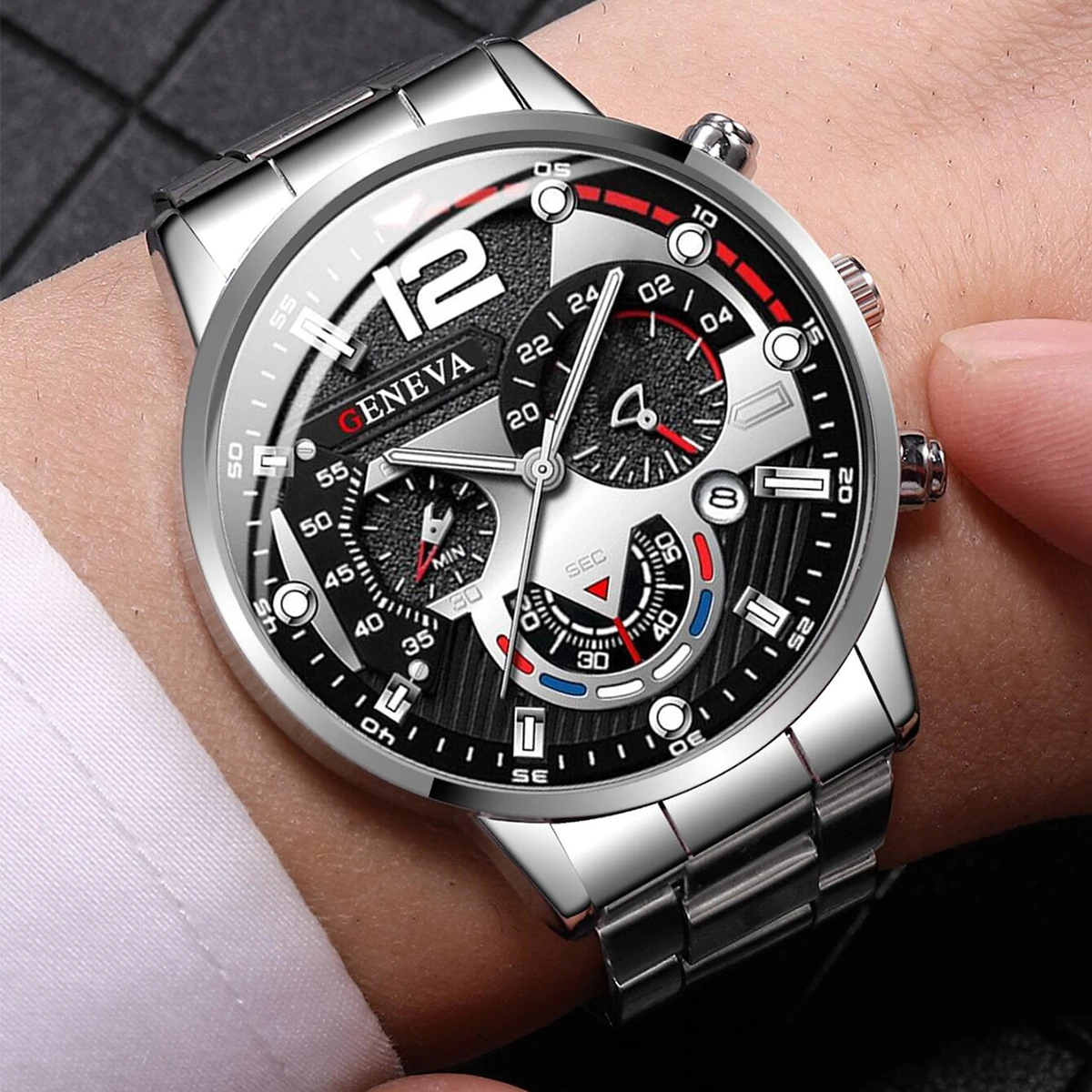 Fashion Men's Watches Stainless Steel Band Analog Quartz Wristwatch with Calendar