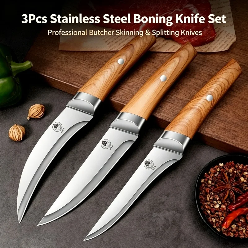 1/2/3Pcs Stainless Steel Boning Knife Set Professional Butcher Skinning & Splitting Knife Sharp Curved Blade for Meat Processing