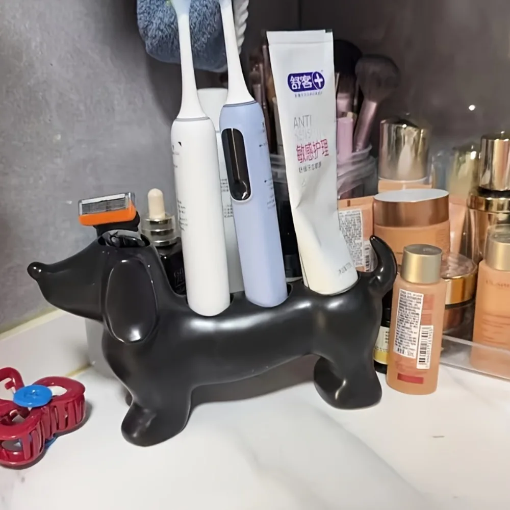 Dachshund Toothbrush Holder Cute Animal Dog-Shaped Organizer Ceramic Bathroom Countertop Accessories Decoration for Bathroom