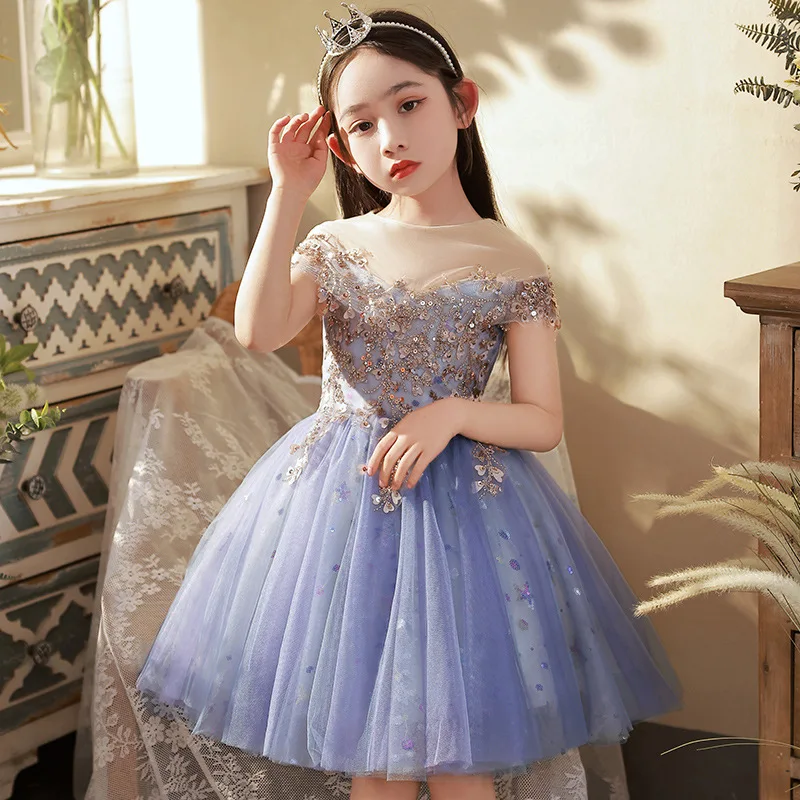 

Girl Formal Blue Exquisite Sequins Evening Dresses Kids Party A-line Tulle Ball Gown Prom Clothes