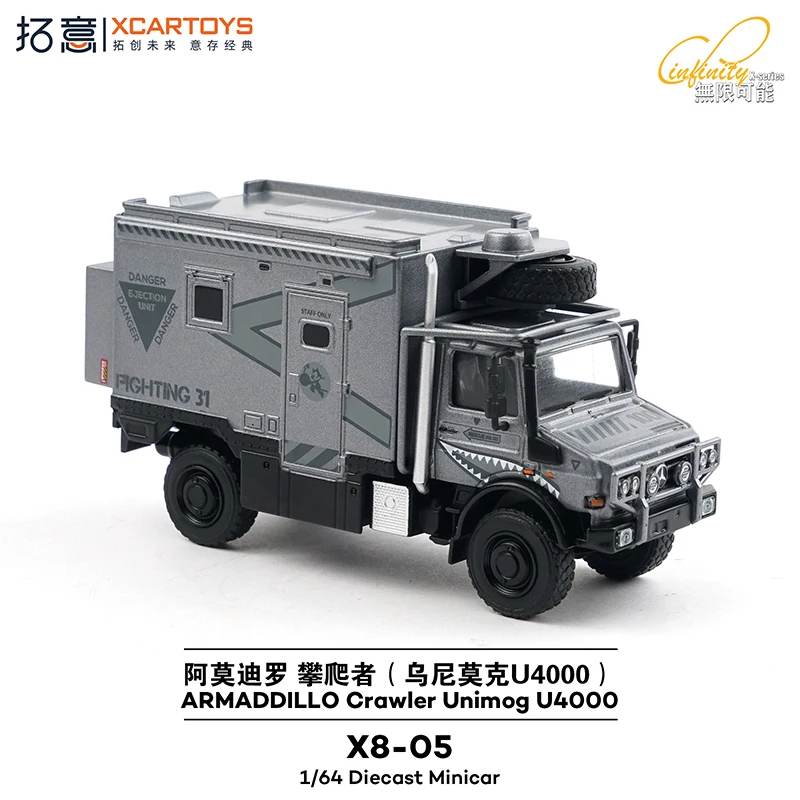 Xcartoys 1/64 escala liga amodiro alpinista rv estatueta colecionável unimog u4000 modelo de carro fundido brinquedo para adultos