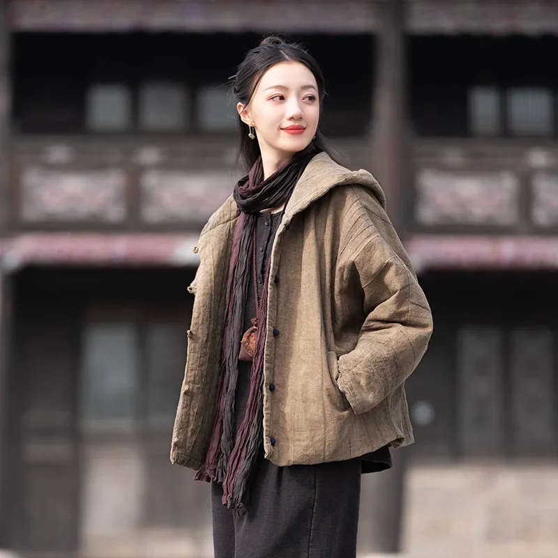 

Женские винтажные хлопковые парки с капюшоном Ramie, теплые пальто с длинными рукавами и пуговицами, зима 20225, новая женская одежда в китайском стиле с принтом тай-дай