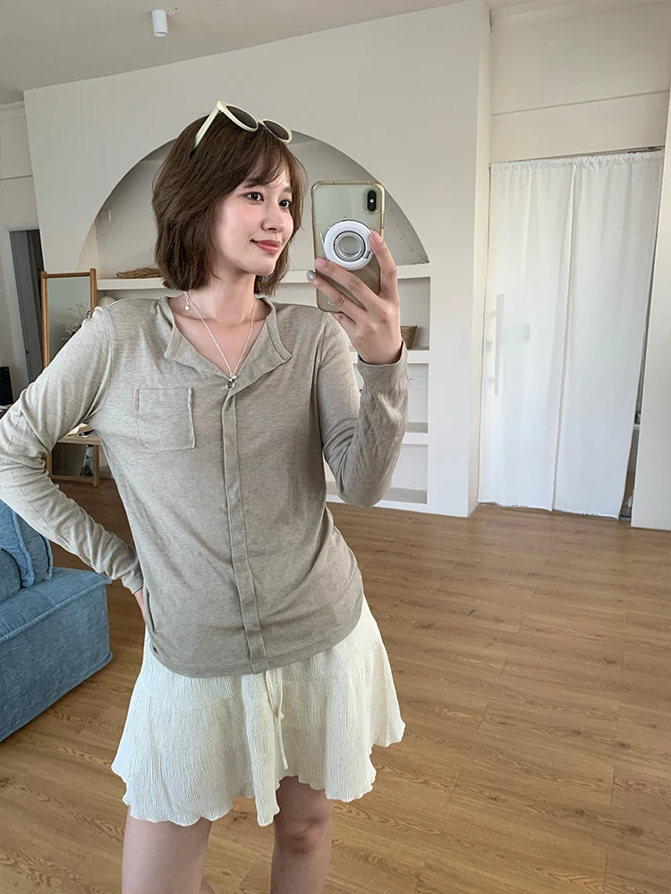 

Летний топ BreezeMood из шелкового лиоцелла: комфортный трикотаж с V-образным вырезом, свободный крой, облегающий, длинный рукав, воздушный, повседневный