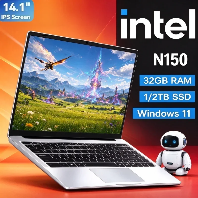 New 14.1 Inch Ultra Slim Gaming Notebook Intel N150 32GB RAM 2TB SSD 1920×1080 Screen Windows 11 Computer For Office Use