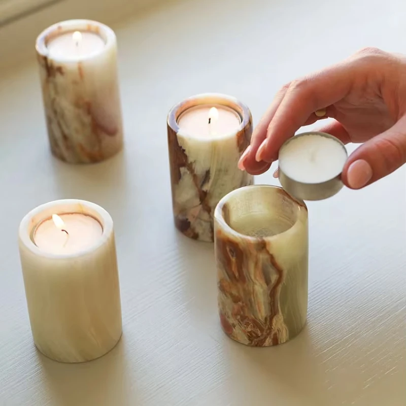 Light luxury natural marble high-end jade cylindrical candle holder living room dining table internet celebrity prop decoration