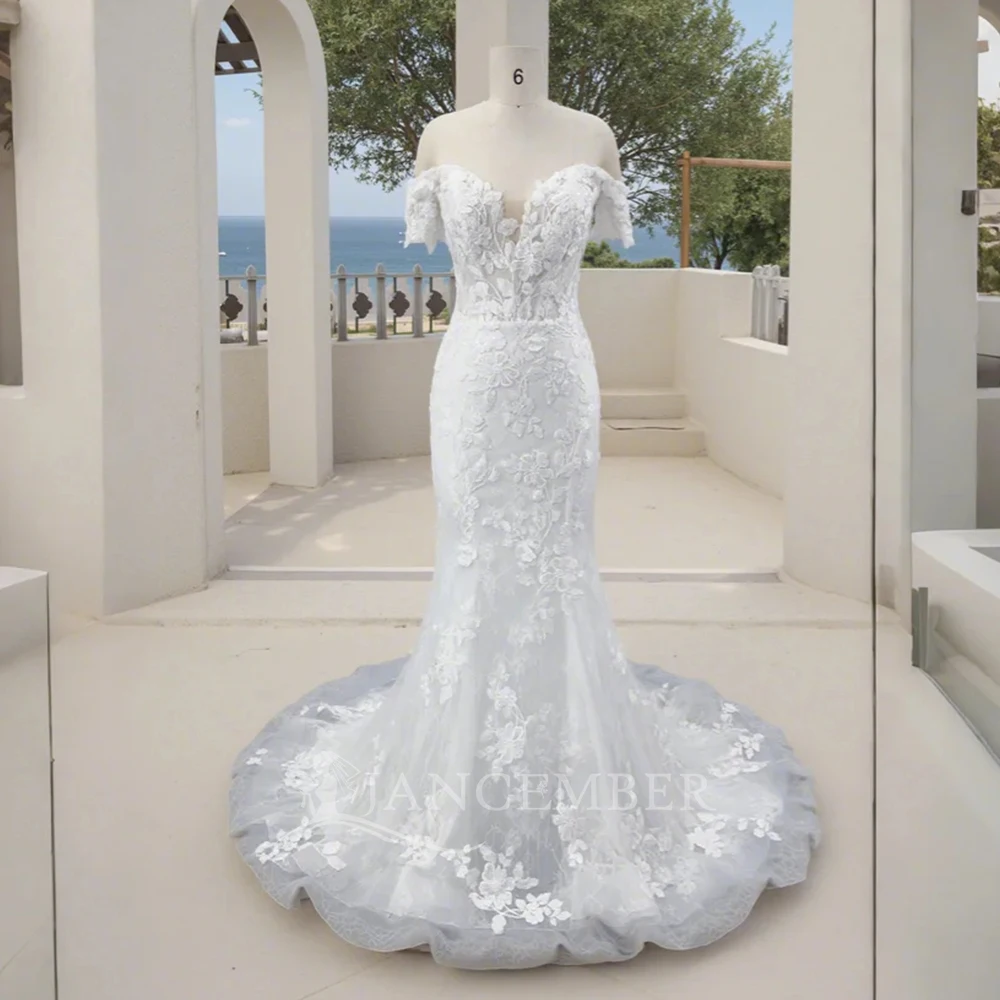 

White Mermaid Lace Wedding Dresses V-neck Sweep Train Customized Bridal Dress Customized Wedding Gowns vestidos novias boda