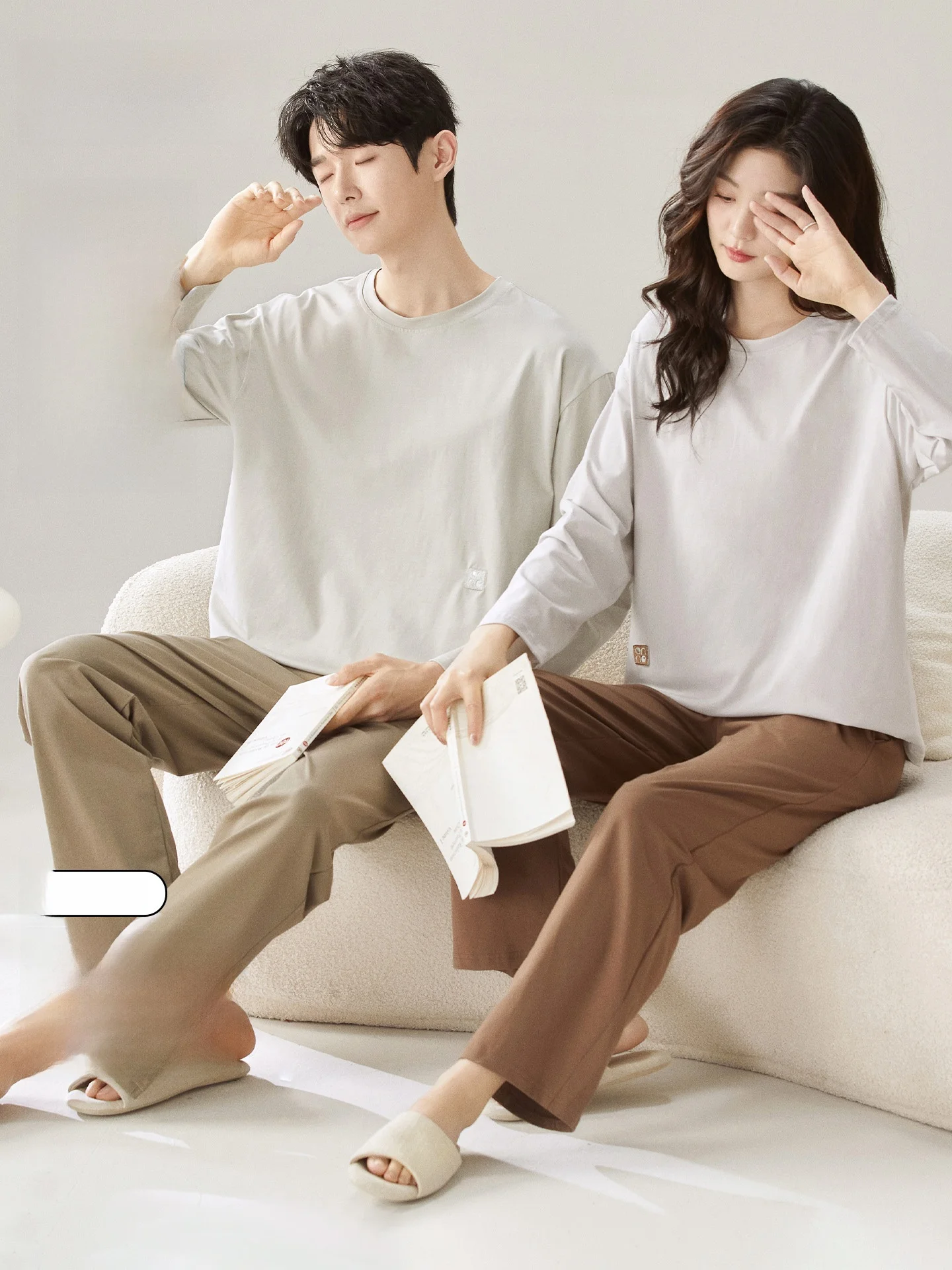 Ultra Soft Cotton Pajamas Couple Sleepwear Women's Long Sleeve with Chest Pad Spring Autumn Home Clothes Casual Outfit