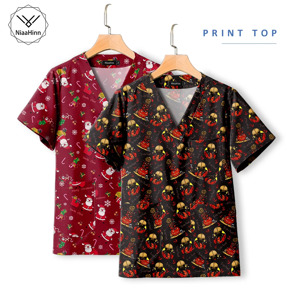 Printed Christmas Uniform Short Sleeved Shirt Nursing Scrub Surgical Gown Wholesale Doctor Nurse Workwear Women Men Dental Scrub