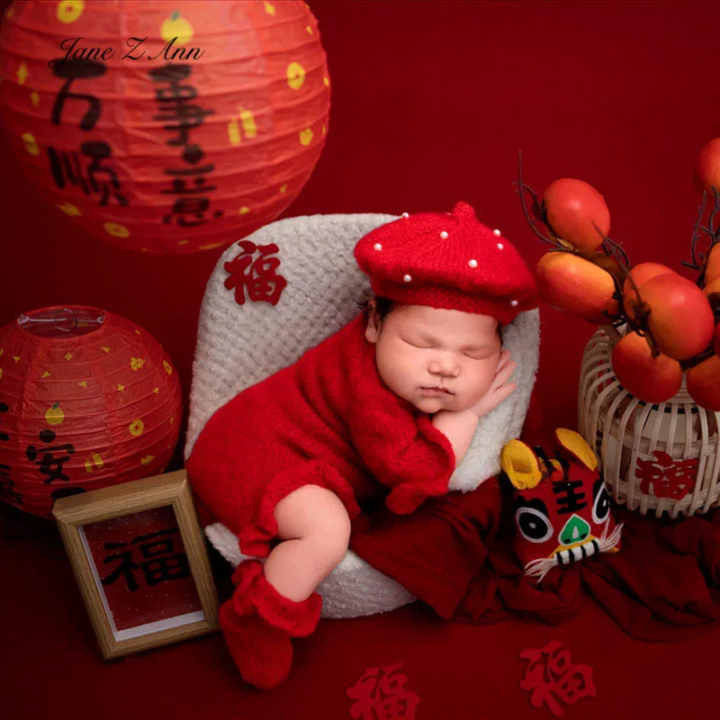 

Newborn baby red outfit set for Christmas New year handcrafted pearl beret hat lace cuff jumpsuit socks photography props