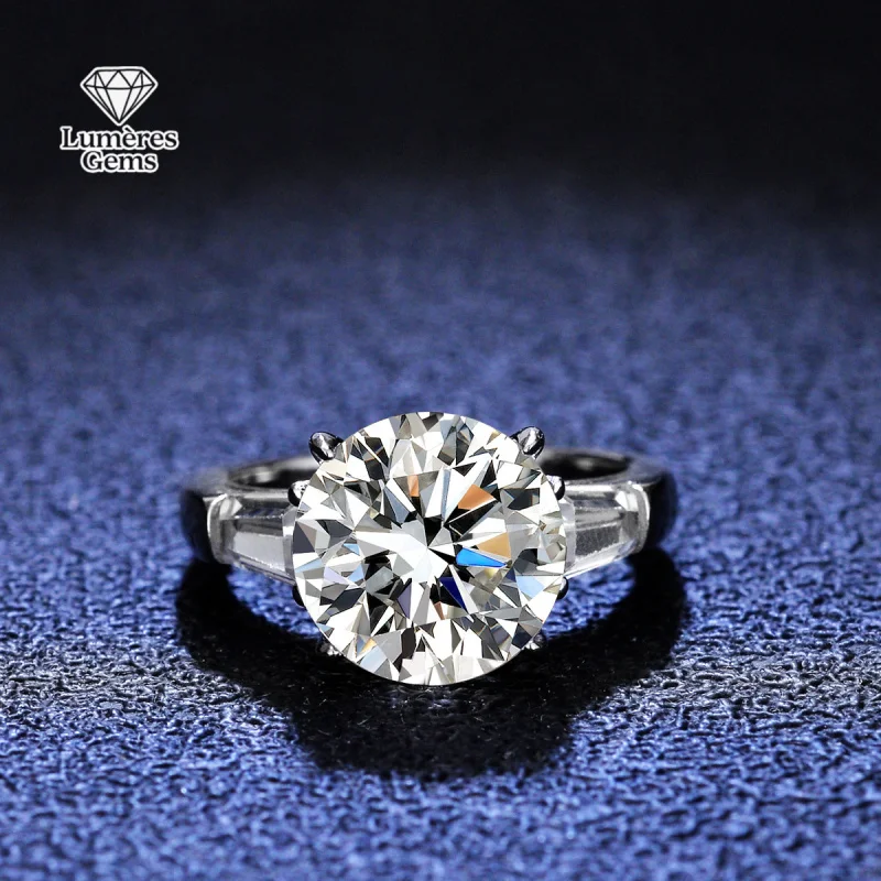 LumièRe Gems Classic Four Claw Platinum PT950 Five Carat Moissanite Ring - Women'S Double Row Ring - Dove Egg Wedding Setting