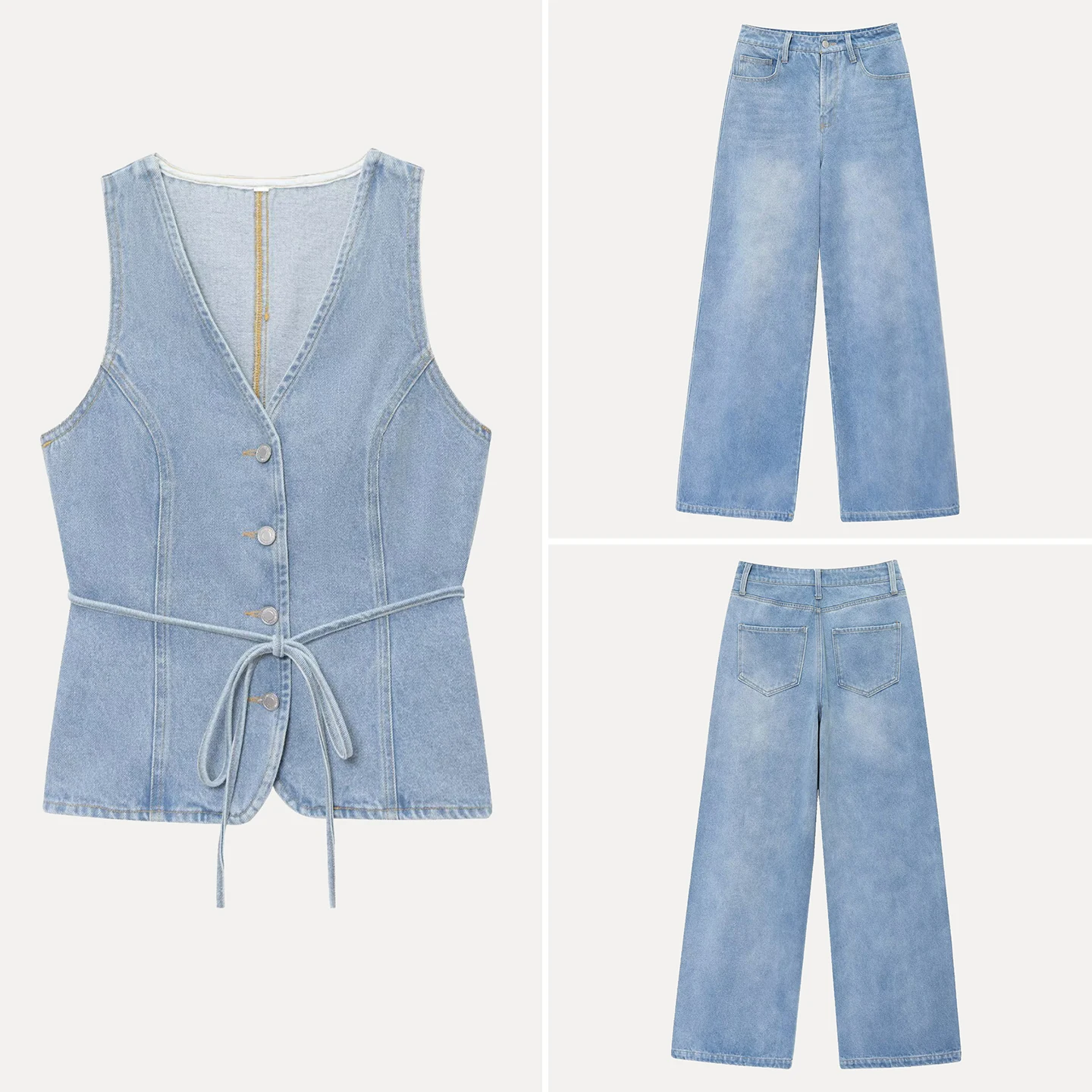

V-Ne Svel Waist-Cinched Denim Vest Wide-Leg Denim Pants Women's Faion Set Summer 2025 New Sle from Z