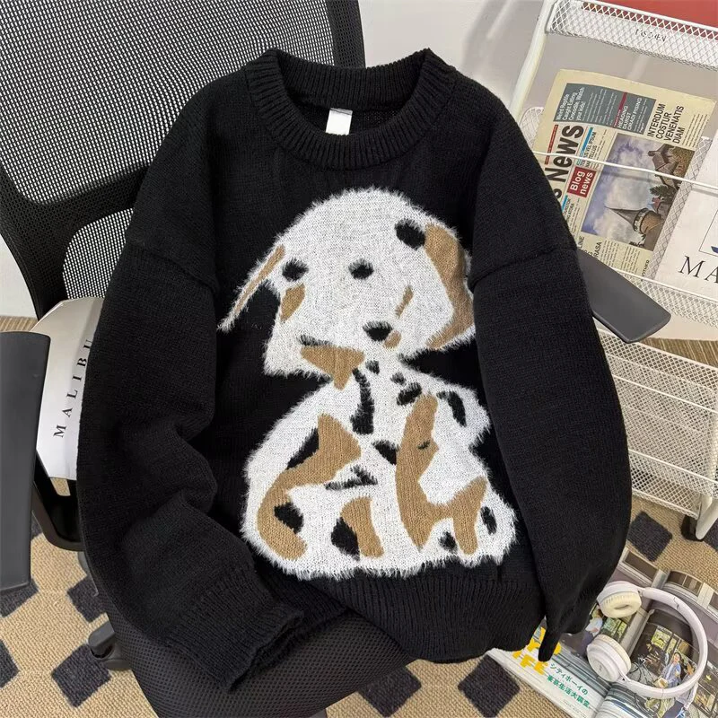 

Funny Dog Mink Fur Men's Sweater Knitwear Jacquard Pullover Autumn Winter Cartoon Round Neck Sweater Male Loose Fashion Pullover