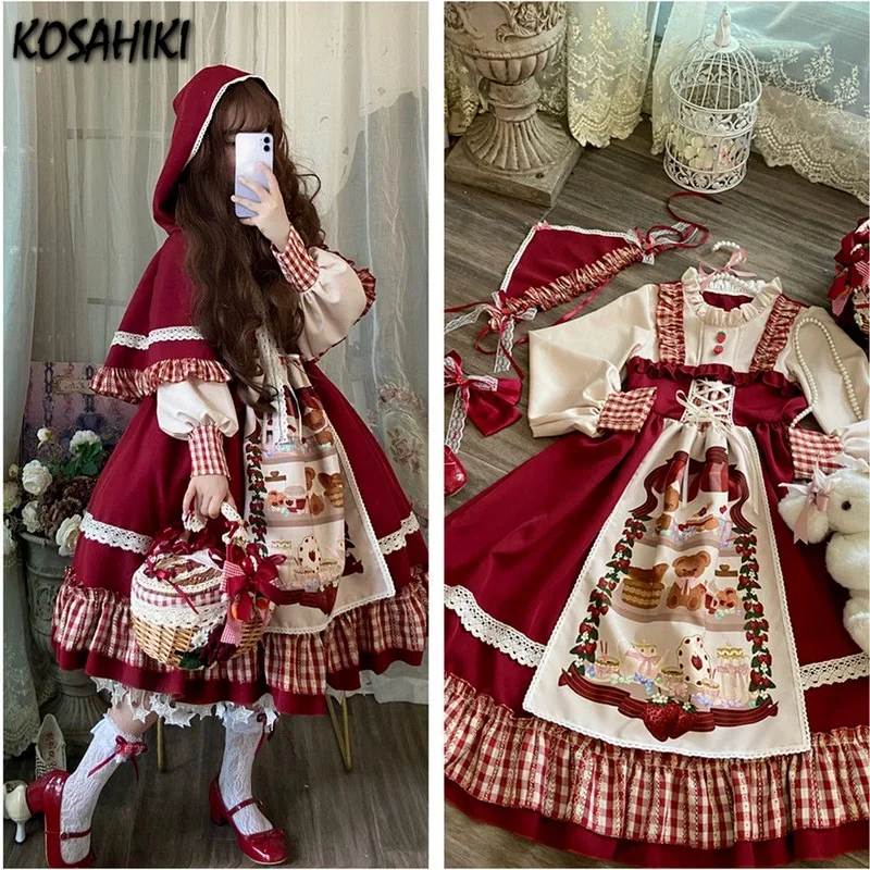 KOSAHIKI Kerst Lolita Jurk Kawaii Vrouwen Nieuwjaar 2025 Zoete Kant Ruche Patchwork Bladerdeeg Lange Mouw Rode Prinses Plaid