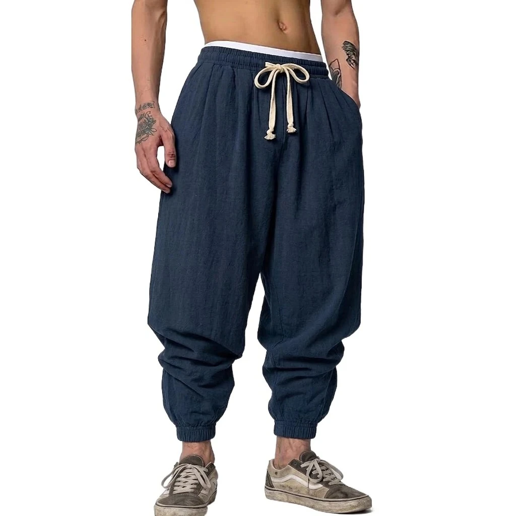 Koreanische Leinenhose für Herren, Herbst-Fitness-Yoga-Freizeithose, Baggy Pants für Frühling und Herbst, Haremshose, Lose Arbeitshose mit Kordelzug für Männer