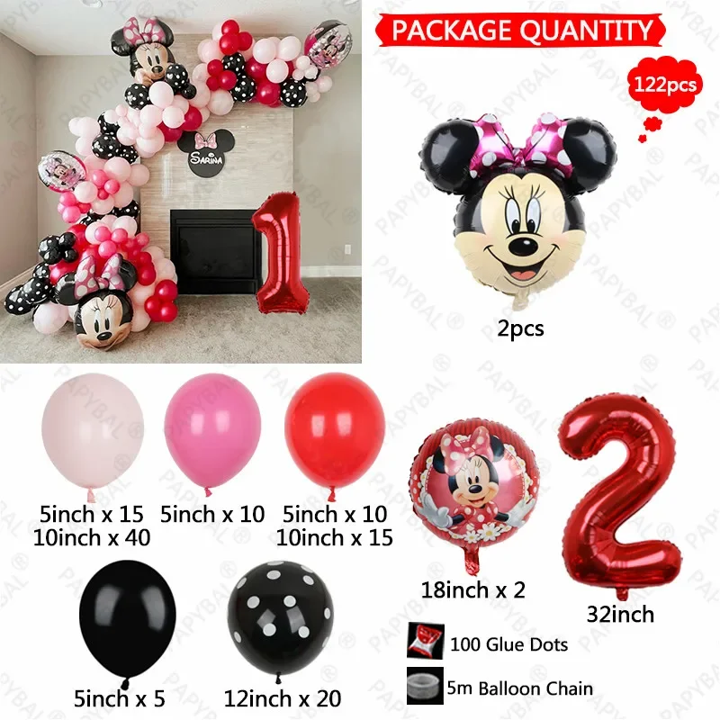 122pcs Disney Minnie Mouse Balloons Arch Garland Kit 32inch Red Number Balloons For Kids Birthday Party Decora Baby shower Suppl