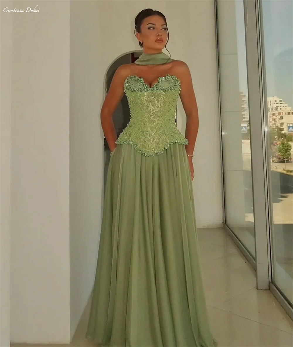 

Contessa Custom Green Beaded Corset Evening Dress with Lace Bodice and Flowing Chiffon Skirt for Women Prom Party