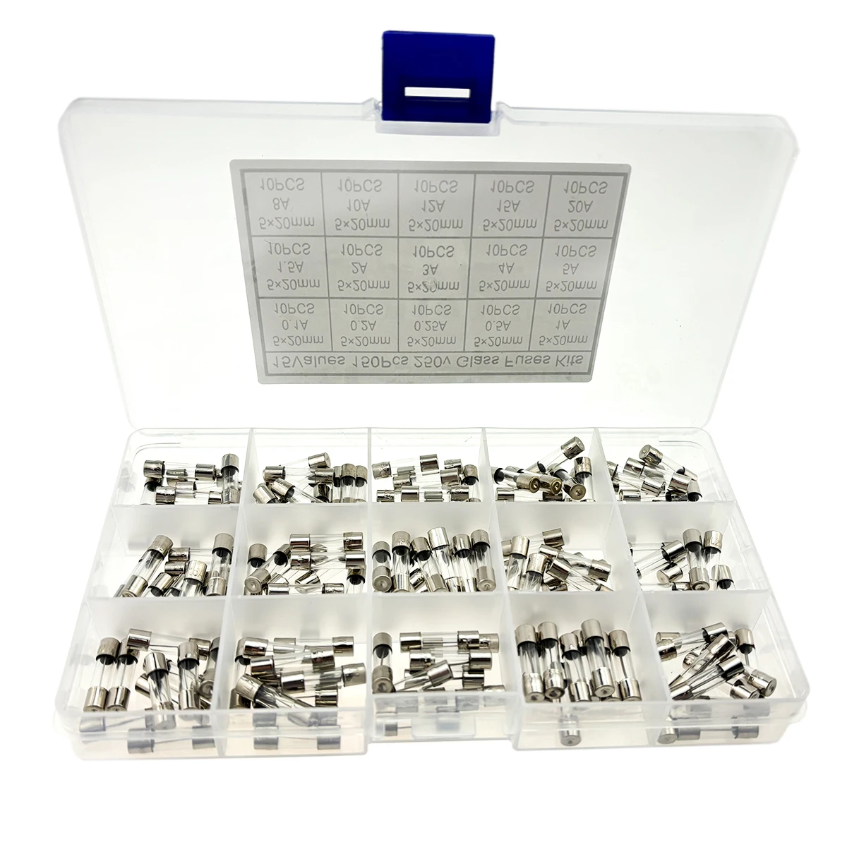 150pcs Glass Fuse Kit 5x20mm 15Values 0.1A 0.2A 0.25A 0.5A 1A 1.5A-20A Fast Blow Glass Fuses Assortment Kit