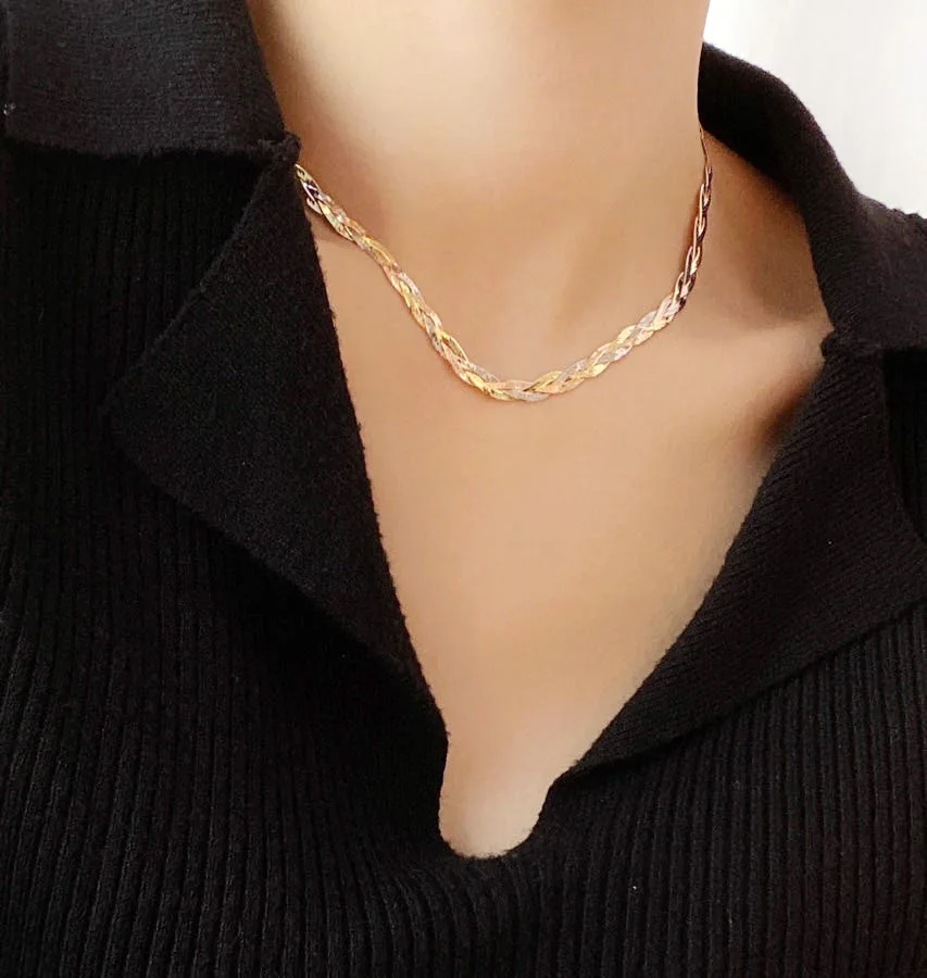 N S925 Silver Three-color Woven Snake Bone Necklace Women's Light Luxury Temperament Collarbone Chain