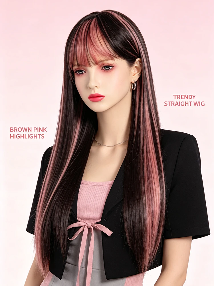 Synthetic 22 Inch Lolita Pink Highlight Bangs Long Straight Hair Wig Halloween Cosplay Heat Resistant Fiber Hair