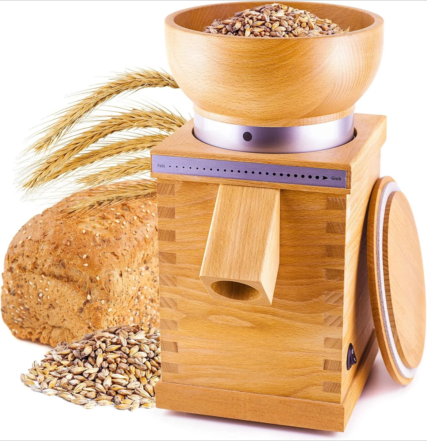 Grain Mill, Premium Grain Mill, 850-gram capacity 100 gram per minute output Made in Germany, Natural Beech Woo