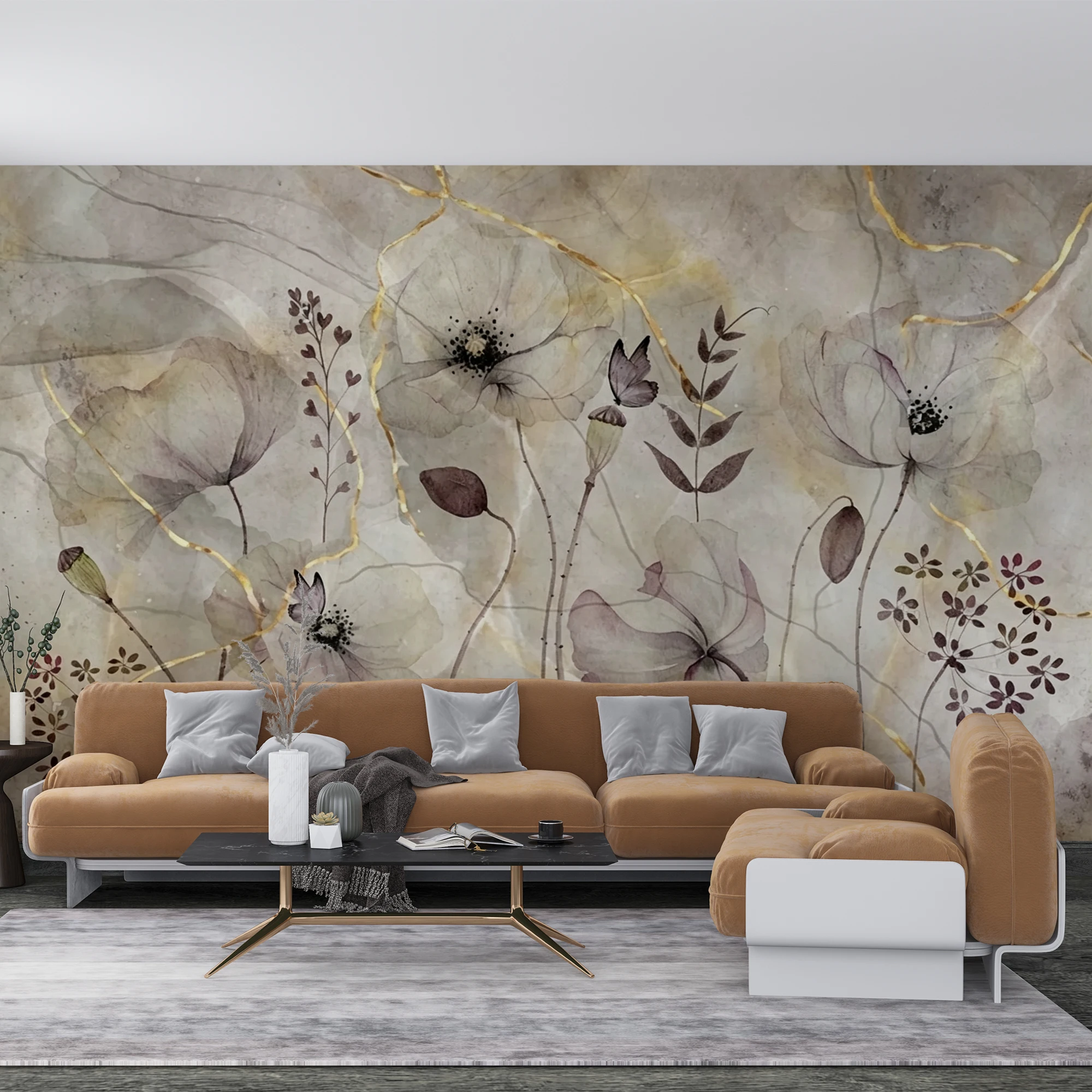 Custom Mural Wallpaper Watercolor Butterfly Peel And Stick Wall Mural Vintage Gold Line Floral For Living Room Bedroom Home Deco