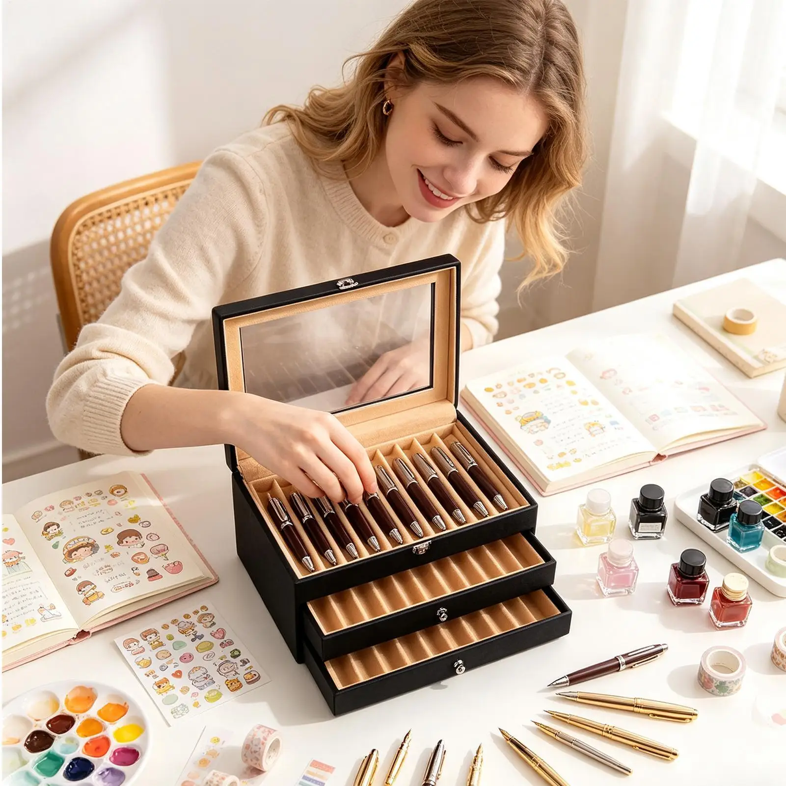 Pen Organizer 36-Slot Large Capacity PU Leather Display Modern Storage Desk Pen Organizer Marker Holder For Home Office School