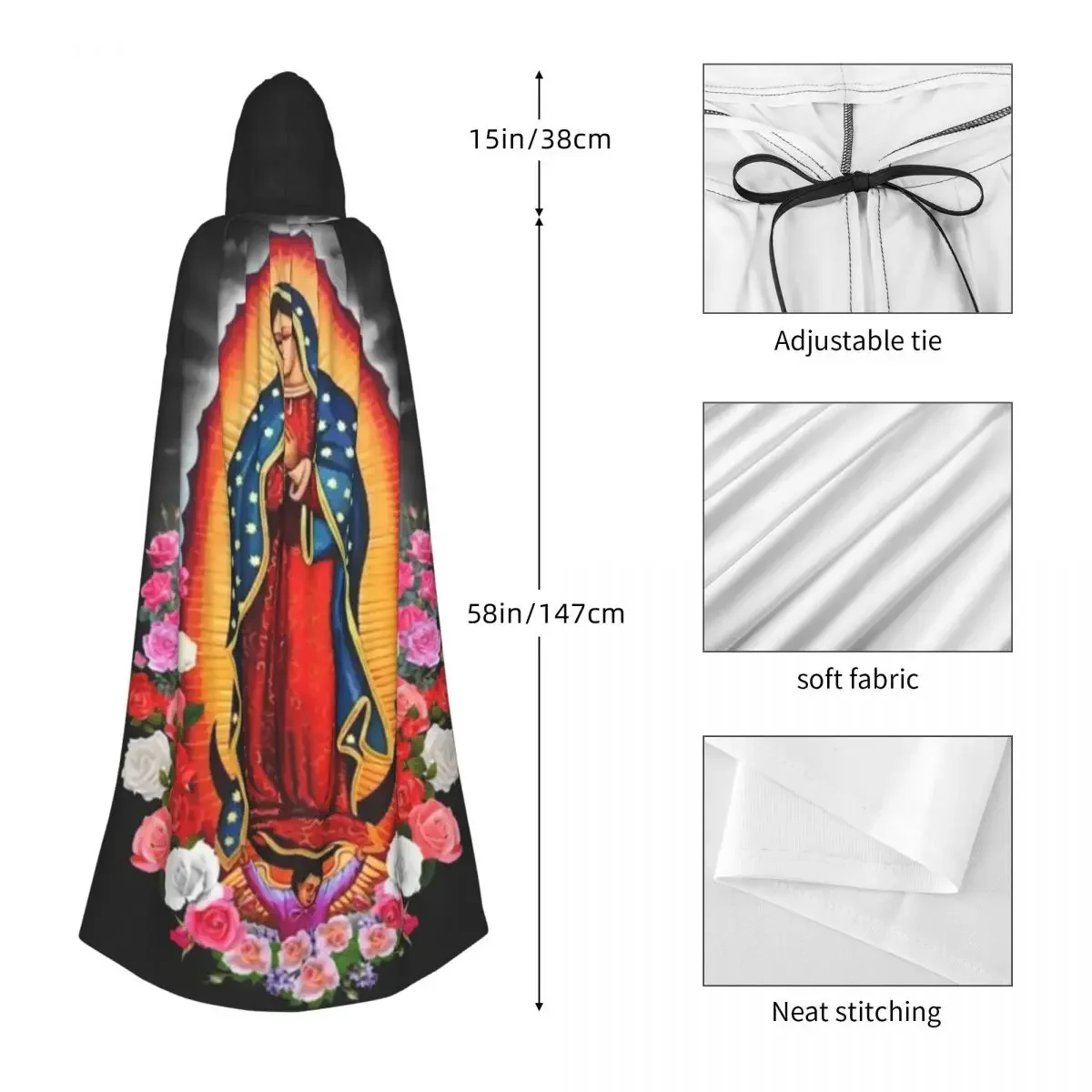 Custom Virgin Mary Of Guadalupe Mexico Catholic Saint Long Hooded Cloak Witch Medieval Costume Cosplay Cape HalloweenCoat Adult