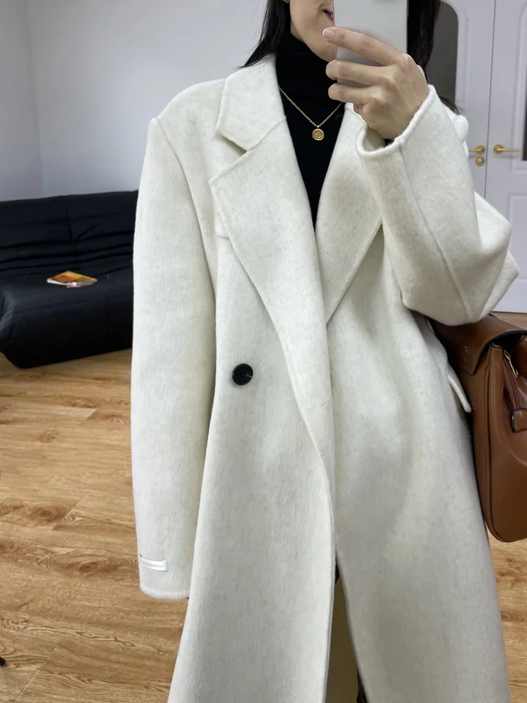 

Handmade Women Double-sided Wool Cashmere Coat Long Soft Warm Trun-down Long Sleeve Loose Woolen Coats Tide Fit Autumn Winter