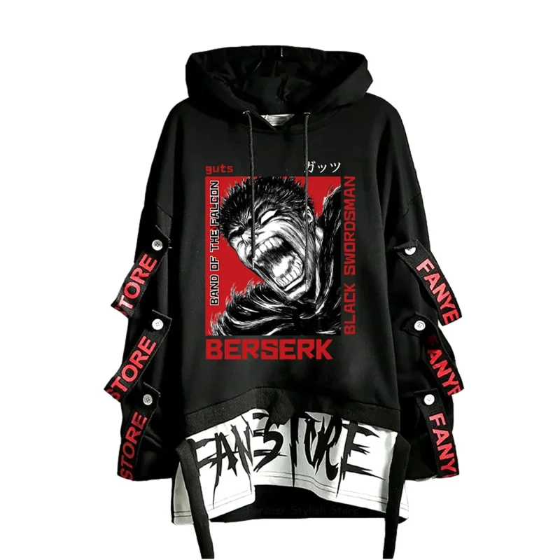 Anime Sweatshirts Berserk Letter Print Patchwork Sweatshirt Guts Streetwear Hoodie Long-Sleeve Hoodies Unisex Manga Pullover