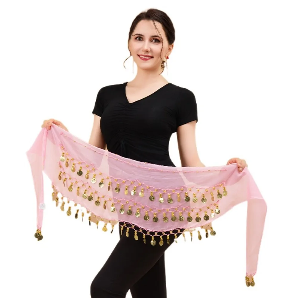 ゴールドカラーコインベリーダンスヒップスカーフ 3 層調節可能なヒップスカーフラップシフォン素材快適なフィット感