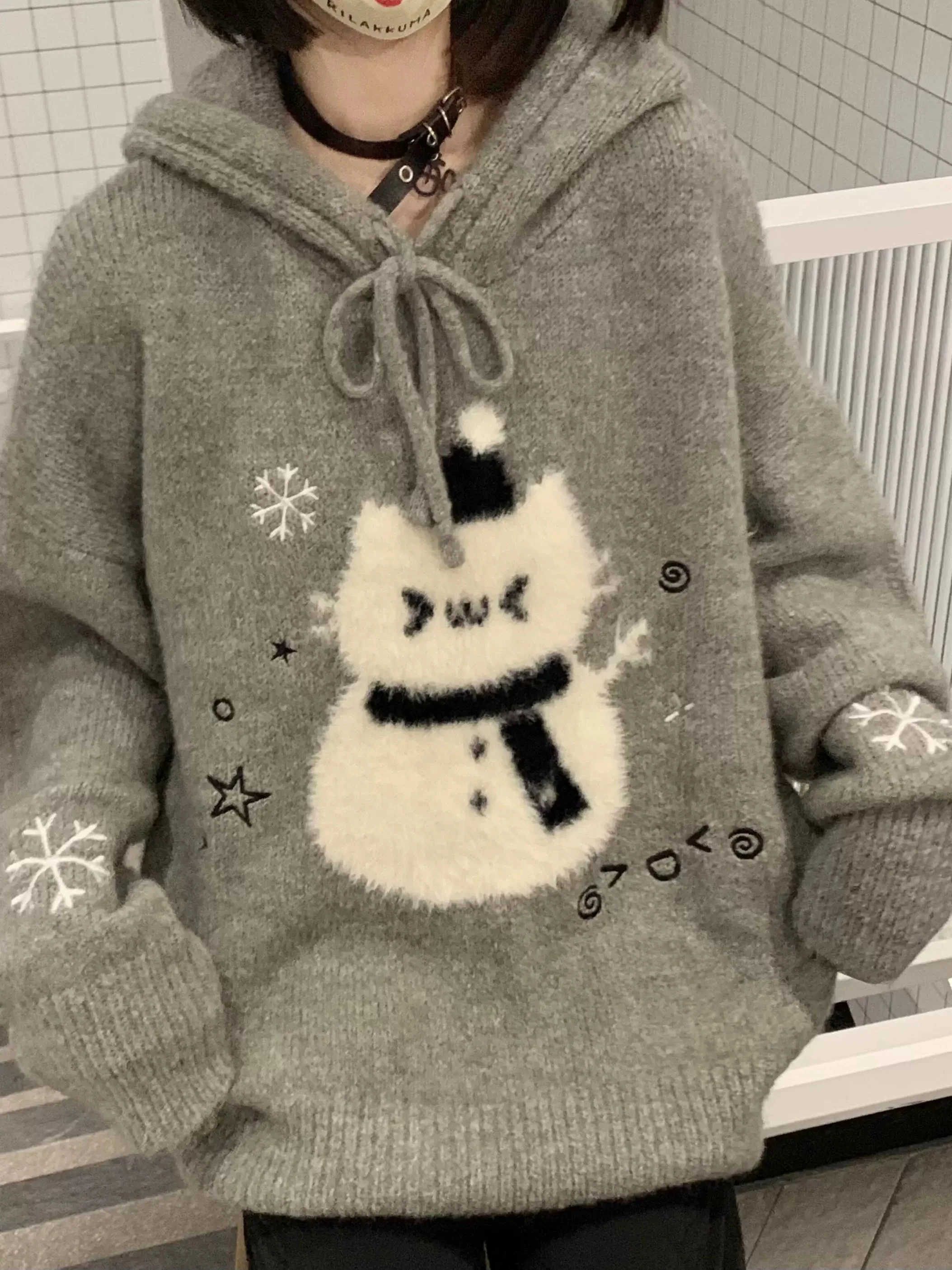 

Women's Harajuku Y2K Cute Loose Plush Snowman Hooded Sweater Winter Lazy Knitwear Christmas Atmosphere Top