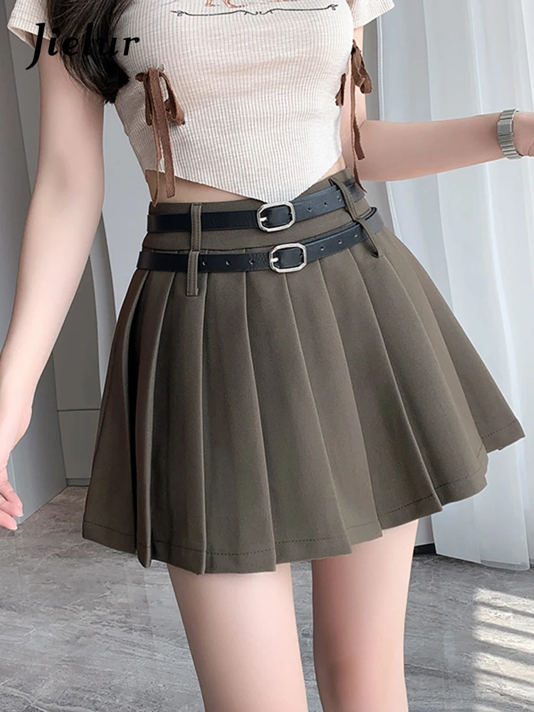 

Jielur New American Retro Academy Style Short Skirts Grey Double Belt Design Pleated Skirt High Waist Soild Color Female Skirt