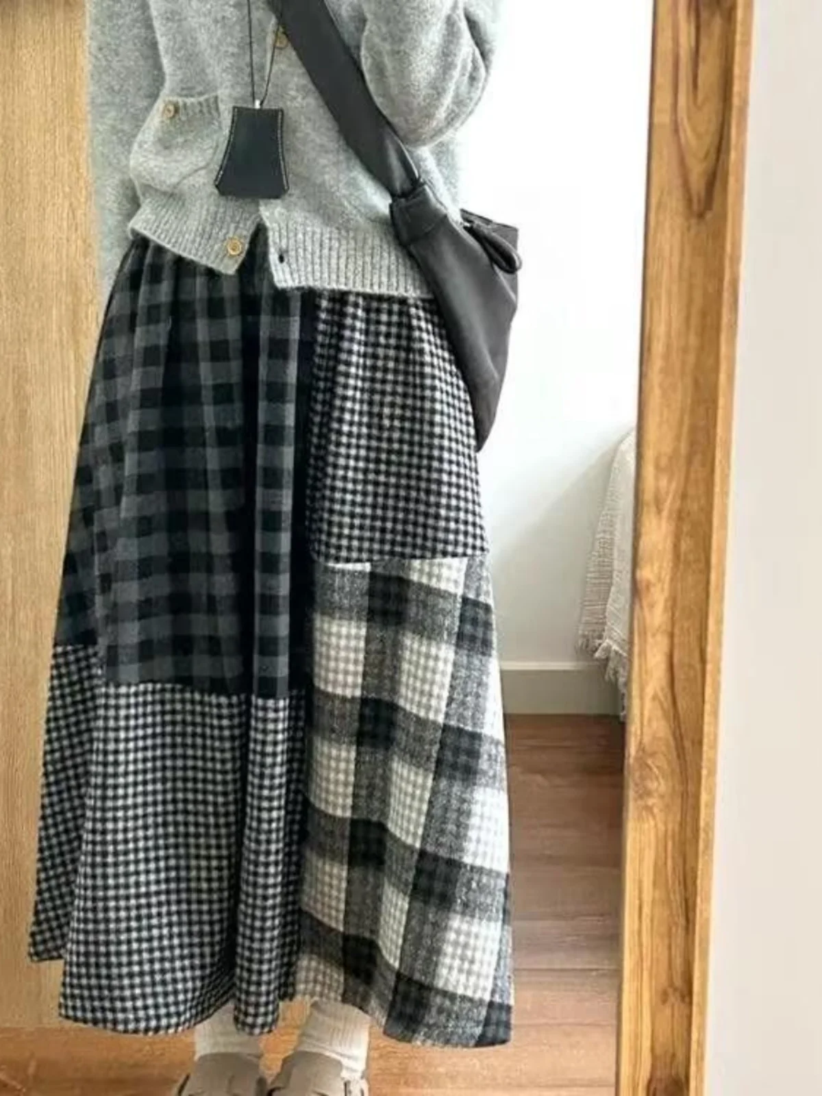 Plus Size Retro Japanese Plaid A-Line Midi Skirt Women's Irregular Large Swing Woolen Skirt Autumn Season High Waist Commute ...