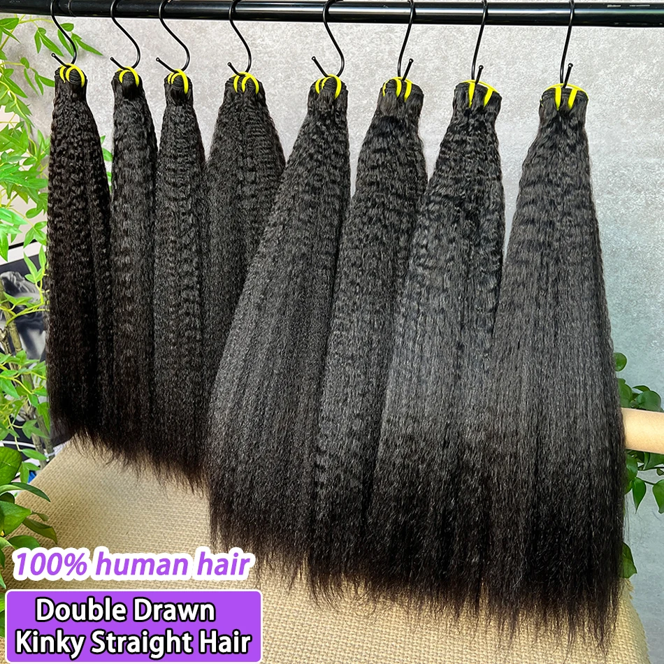

Double Drawn Kinky Straight Human Hair Bundles #1B Natural Black Color 100% Human Hair Weaving Extensions 1 2 3 4 PCS Wholesale