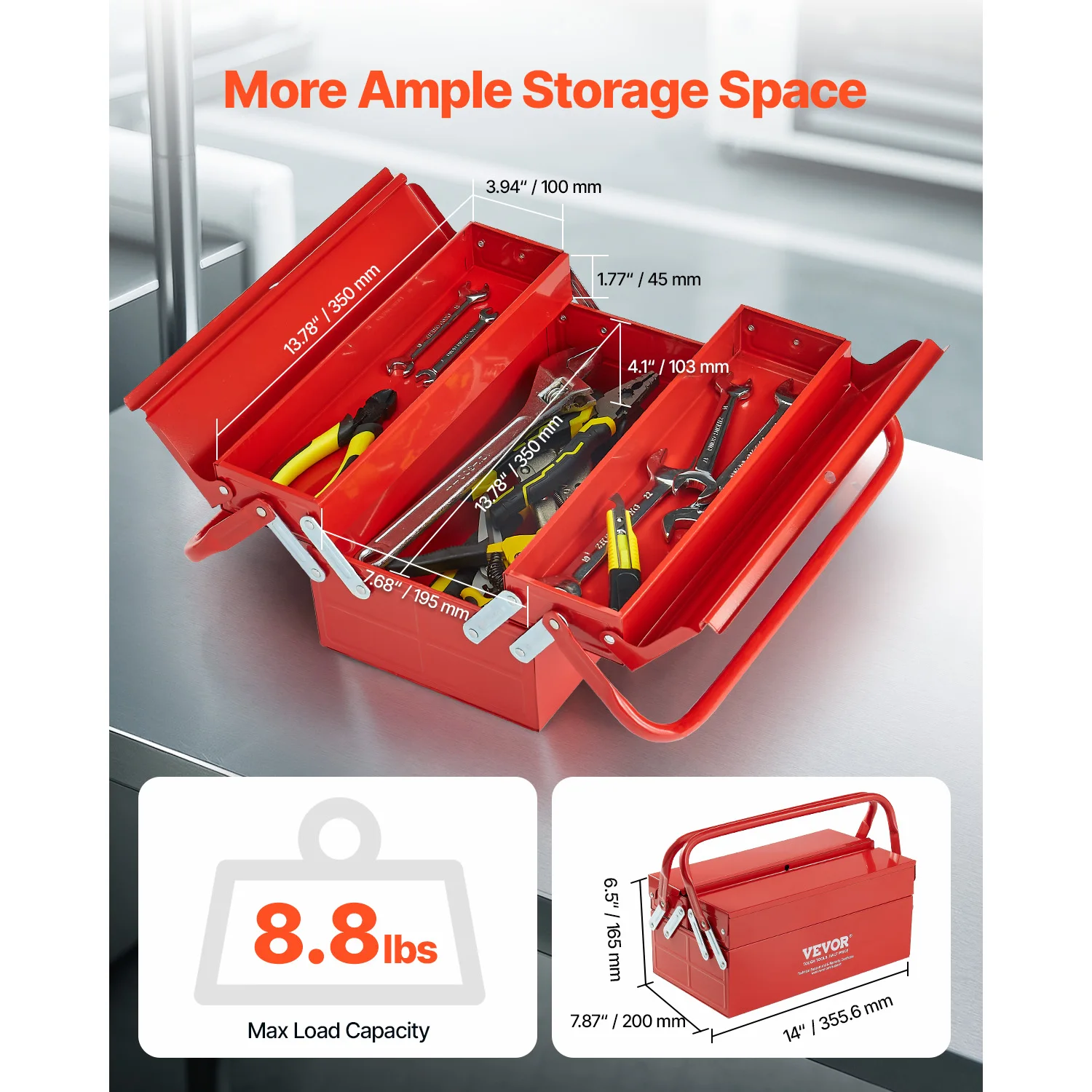 SucceBuy Metal Tool Box 2-Tier 3-Tray Portable Folding Tool Chest Organizer with Handle & Lock Toolbox for Factory Repair Shop