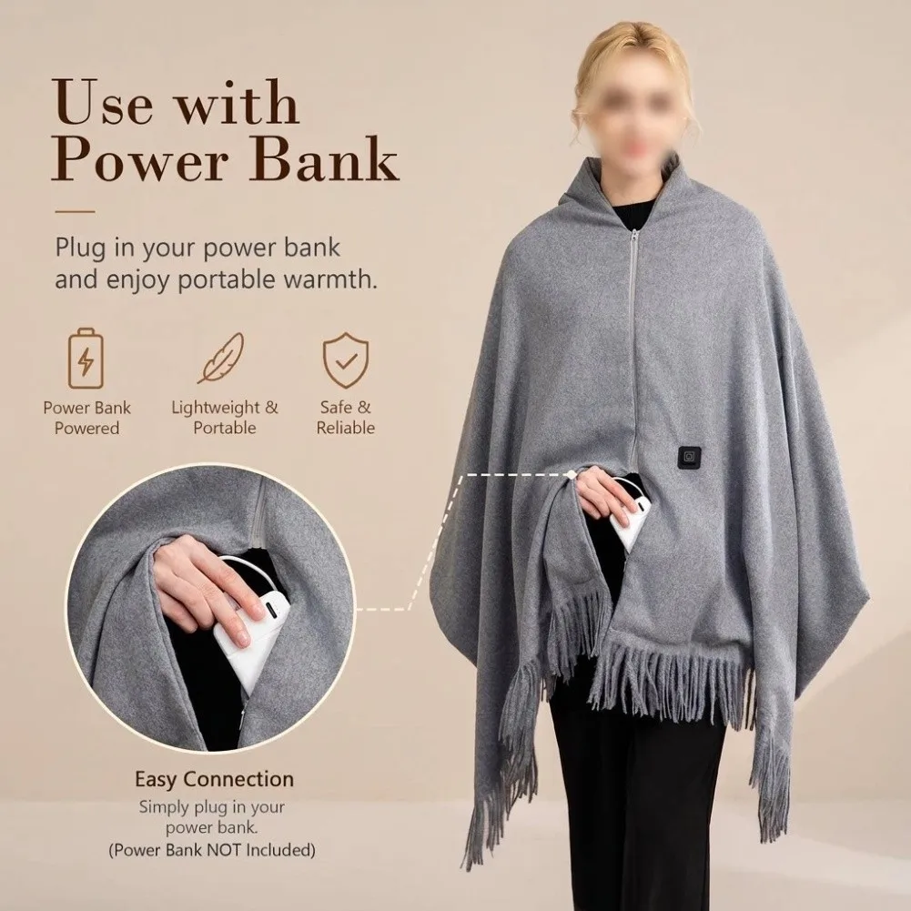 Heated Shawl Wrap 8 Pads USB Rechargeable Solid Color Warm Scarf Electric Heating Blanket For Winter Outdoor Camping & Fishing